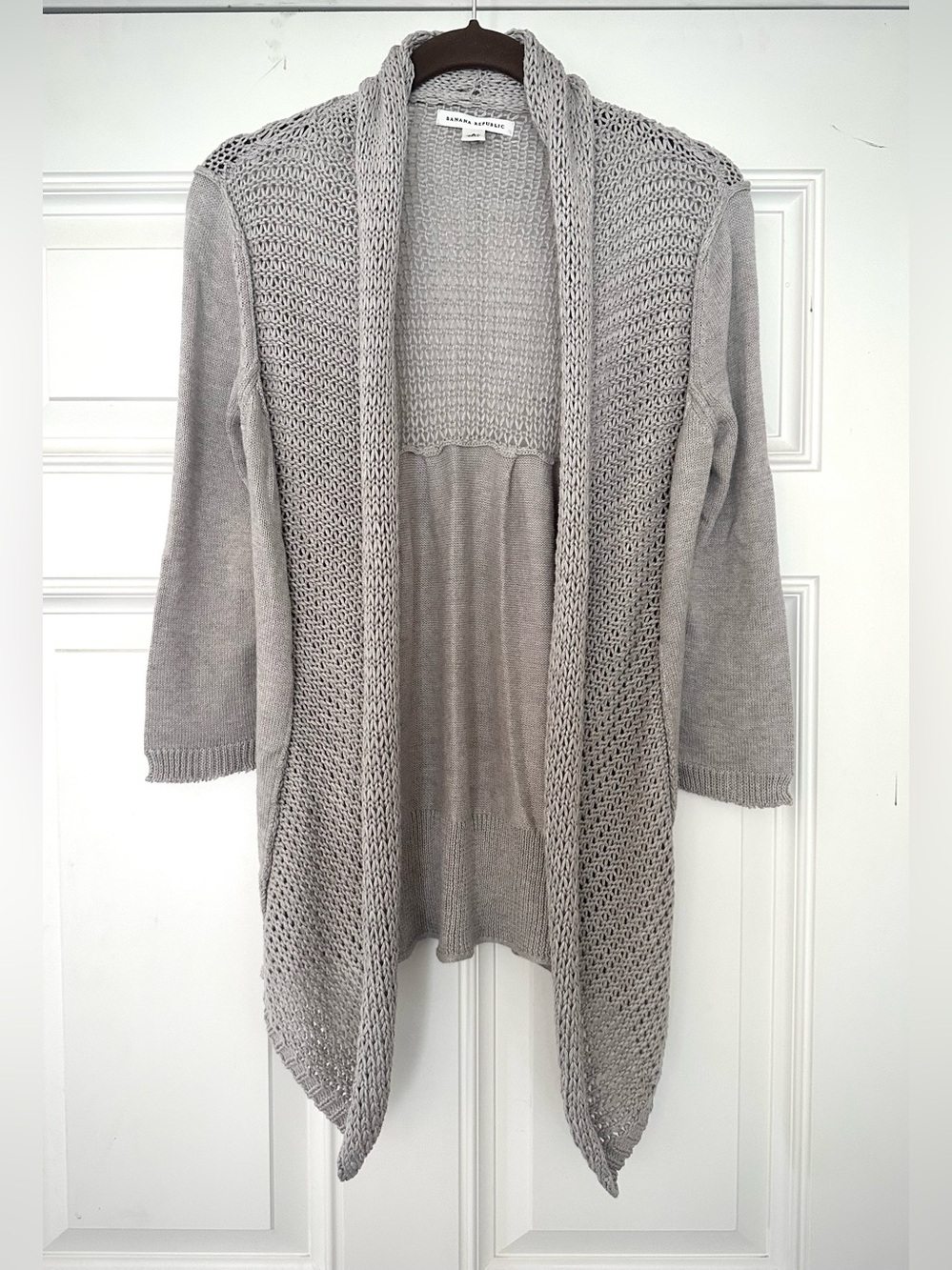 Banana Republic 100% Cotton Mesh Knit Cardigan 3/4 Sleeve Gray Size Small